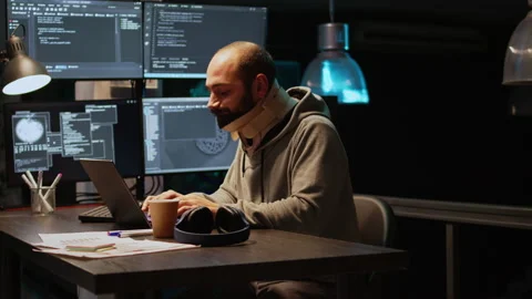 Database admin with neck collar foam working on code developing Stock Footage 224583277