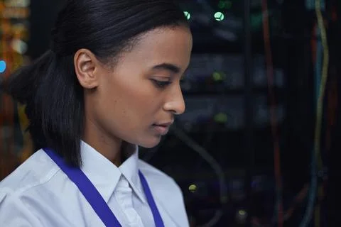 Database administration, IT support and woman in server room for maintenance of 스톡 사진