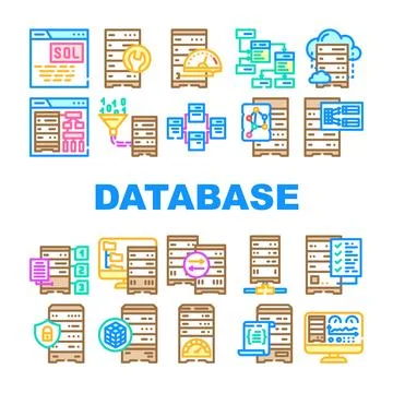 Database administrator computer, icons set vector Illustrazione stock