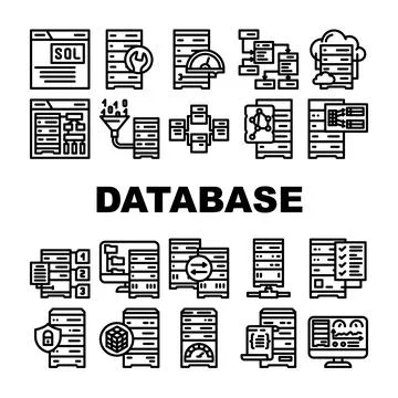 Database administrator computer, icons set vector Stock Illustration
