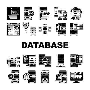 Database administrator computer, icons set vector Stock Illustration