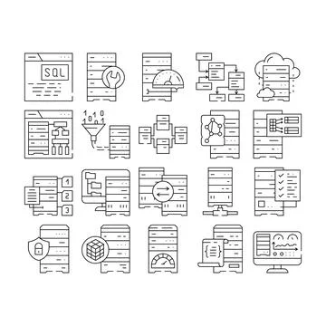 Database administrator computer, icons set vector Stock Illustration