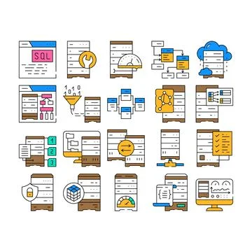 Database administrator computer, icons set vector 스톡 일러스트