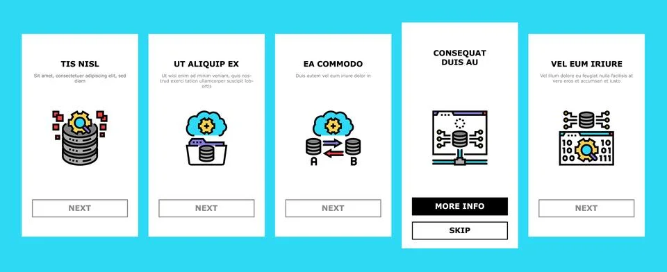 Database administrator server onboarding icons set vector Illustrazione stock