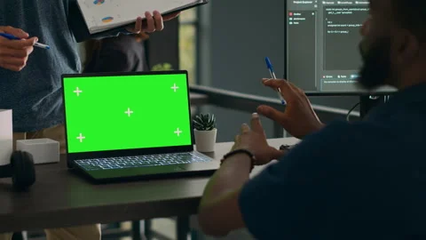 Database admins analyzing source code and greenscreen display on computer Stock Footage 227614141