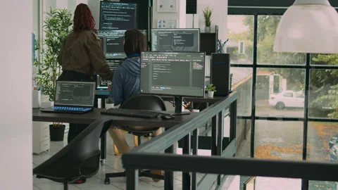 Database admins collaborating on group project compiling algorithm Stock Footage 227618404