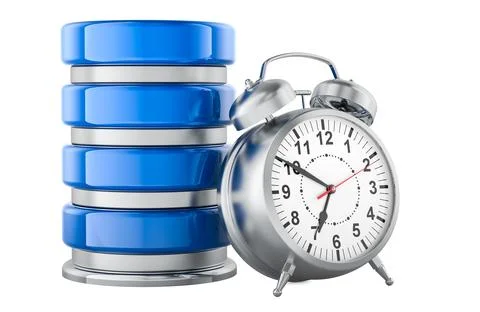 Database with alarm clock. 3D rendering Illustrazione stock