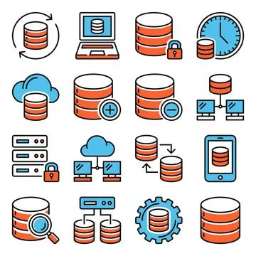 Database and Cloud Network Icons Set on White Background. Vector イラスト素材