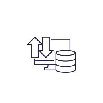Database and computer, data transfer icon, line vector Stock Illustration