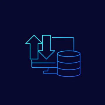 Database and computer, data transfer icon, linear Stock Illustration