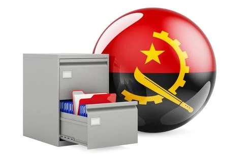 Database in Angola, concept. Folders in filing cabinet with Angolan flag, 3D  Stock Illustration