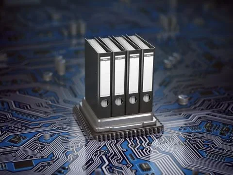 Database  archive data storage concept. Binders on CPU processor and motherbo Stock Illustration