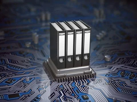 Database archive data storage concept. Binders on CPU processor and mother... Stock Photos