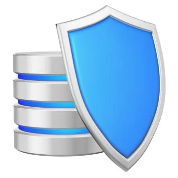 Database behind blue metal shield on right data protection conce Stock Illustration
