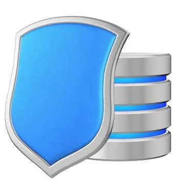 Database behind metal blue shield on left data protection concep Illustrazione stock