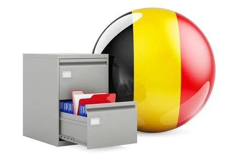 Database in Belgium, concept. Folders in filing cabinet with Belgian flag, 3D Stock Illustration