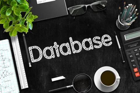 Database on Black Chalkboard. 3D Rendering Stock Illustration
