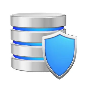 Database with blue metal shield data protection concept Stock Illustration