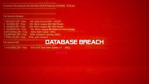 Database Breach Warning Text on hacking background screen Video stock 317030607