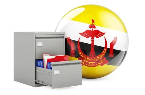Database in Brunei, concept. Folders in filing cabinet with Bruneian flag, 3D Stock Illustration