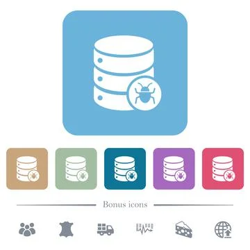 Database bug flat icons on color rounded square backgrounds 库存插图