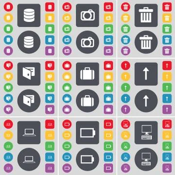 Database, Camera, Trash can, Wallet, Suitcase, Arrow up, Laptop, Battery, PC ico Stock Illustration