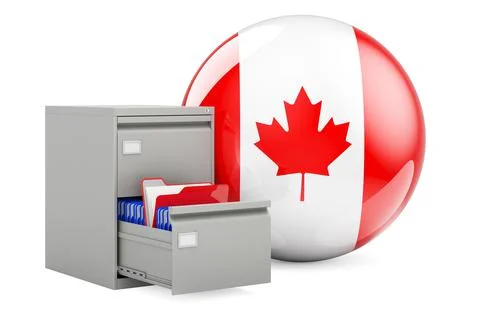 Database in Canada, concept. Folders in filing cabinet with Canadian flag, 3D Stock Illustration