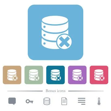 Database cancel flat icons on color rounded square backgrounds 库存插图