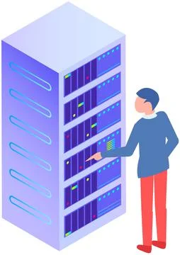 Database center info storage, datacenter, server. Man working with computer to Illustrazione stock