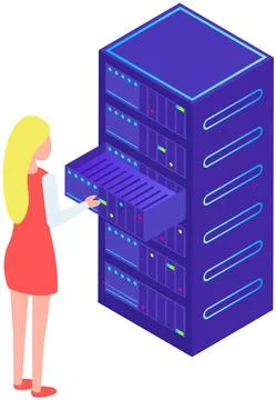 Database center info storage. System administrator near server, equipment Stockillustratie