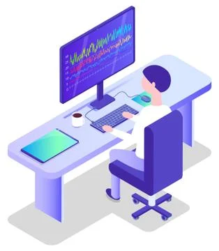 Database Center Worker with Computer in Office Stock Illustration