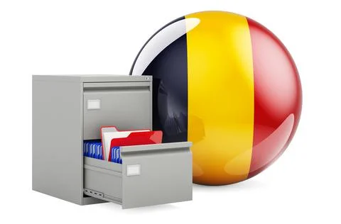 Database in Chad, concept. Folders in filing cabinet with Chadian flag, 3D re Stock Illustration
