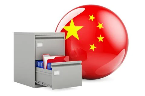 Database in China, concept. Folders in filing cabinet with Chinese flag, 3D r Stock Illustration