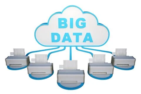 Database cloud is connected to group printers Stock Illustration