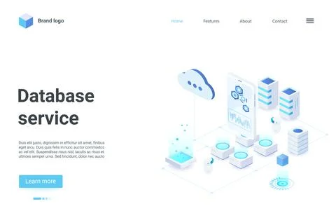 Database cloud service isometric landing page, exchange of information data Illustrazione stock