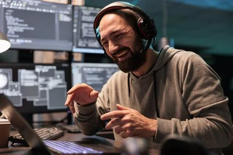 Database coder talking on videocall teleconference Stock Photos