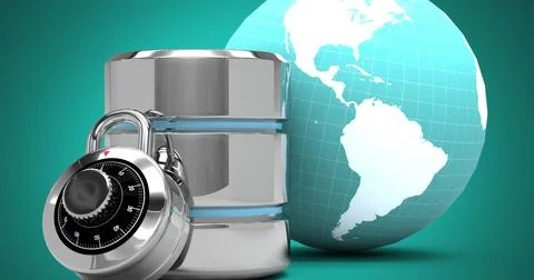 Database computer server and green globe against green background Stock Illustration