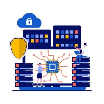 Database concept with character. Internet of things, data server storage. W.. Stock Illustration
