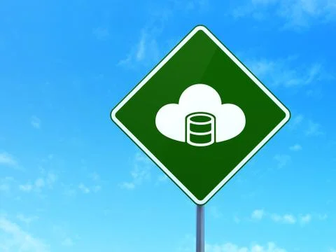 Database concept: Database With Cloud on road sign background Illustrazione stock