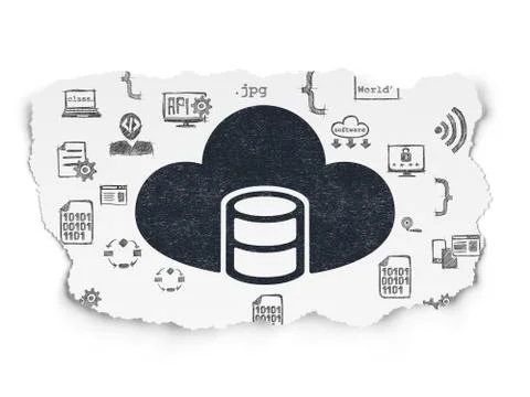 Database concept: Database With Cloud on Torn Paper background Illustrazione stock