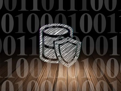 Database concept: Database With Shield in grunge dark room Illustrazione stock