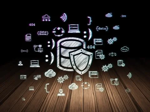 Database concept: Database With Shield in grunge dark room 스톡 일러스트