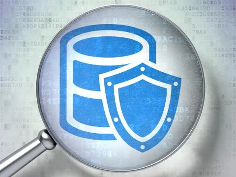 Database concept: Database With Shield with optical glass on digital background Ilustração Stock