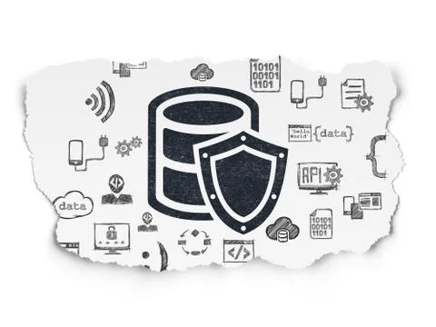 Database concept: Database With Shield on Torn Paper background Illustrazione stock