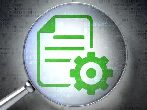 Database concept: Gear with optical glass on digital background 스톡 일러스트