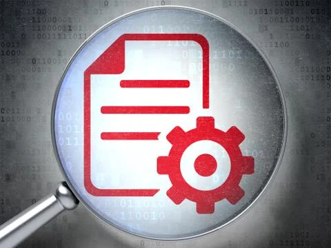 Database concept: Gear with optical glass on digital background Stock Illustration