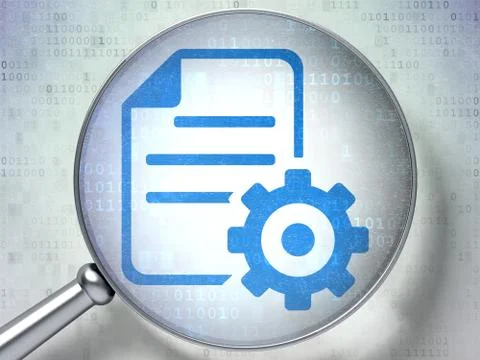 Database concept: Gear with optical glass on digital background 스톡 일러스트