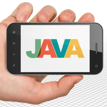 Database concept: Hand Holding Smartphone with Java on  display 스톡 일러스트