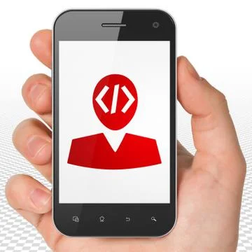 Database concept: Hand Holding Smartphone with Programmer on display Stock-Illustration