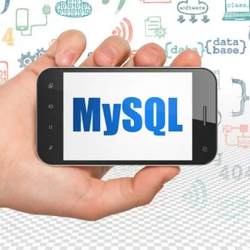 Database concept: Hand Holding Smartphone with MySQL on display イラスト素材